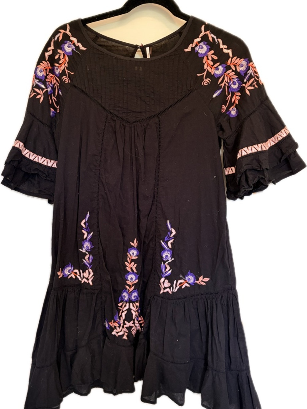 Free people embroidered Black Floral babydoll dress